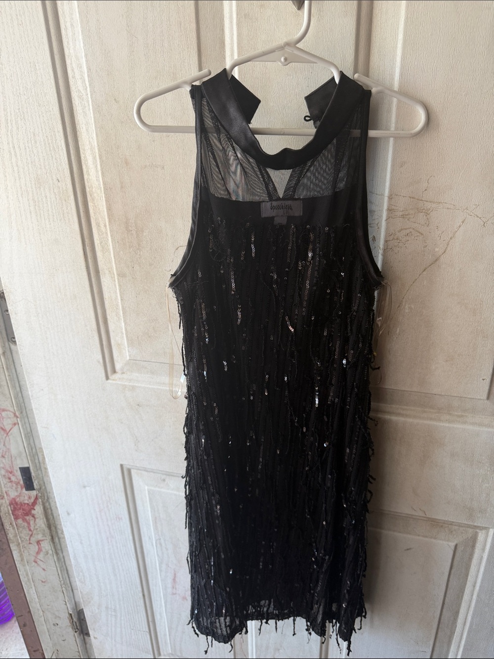 Source Unknown Black Sequin Fringe Sheath Dress with Mesh Yoke
